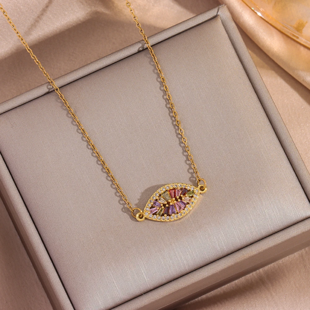 Neue 18K Gold Überzogene Bunte Zirkon Kristall Auge Anhänger Halsketten Für Frauen Weibliche Täglichen Verschleiß Edelstahl Hals Kette schmuck