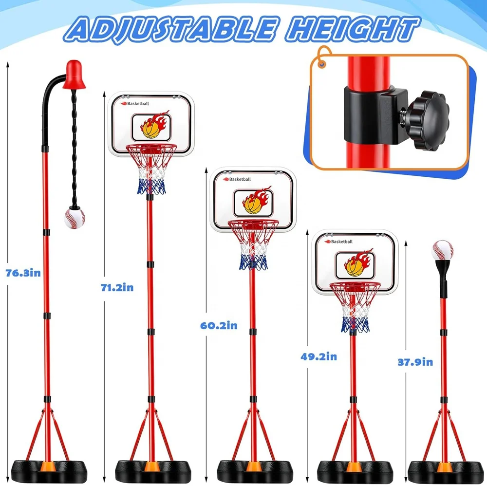 Set Bola Basket Anak 4 in 1 dengan Tiang Gantung, Set Baseball, Stand Bola Basket dengan Tinggi yang Dapat Disesuaikan untuk Olahraga Luar Ruangan, Dalam Ruangan, dan Kolam Renang