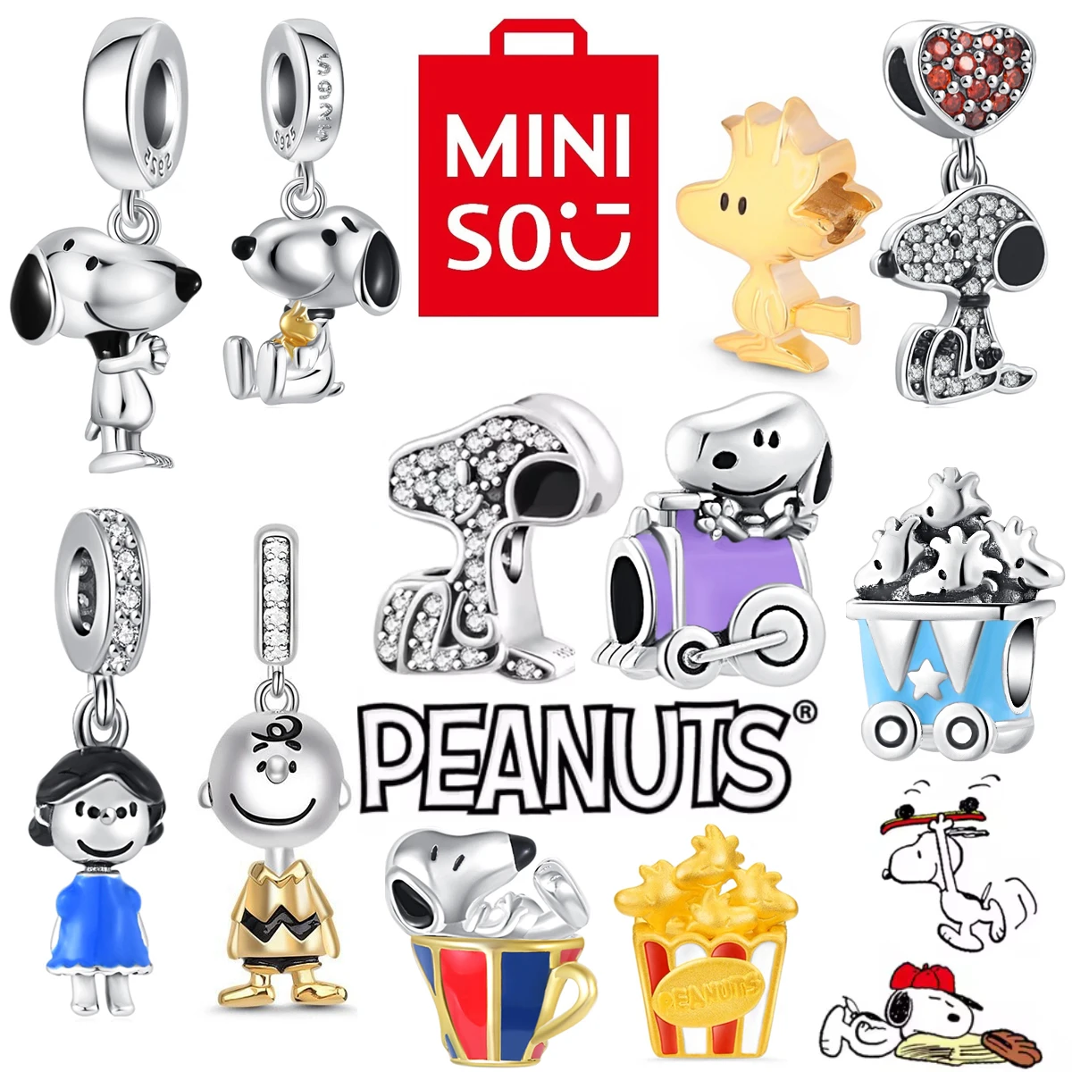 MINISO Snoopy NPEANUTS@ Charlie Brown Pendant Original 925 Silver Charm Fit Bracelet Bangle Diy Dangle For Women