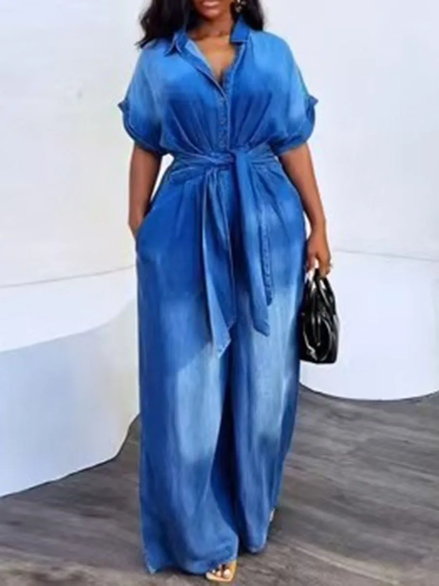 ZIML Tute larghe in pizzo impiombato di colore di successo per le donne Risvolto Manica corta Vita alta Temperamento Tute chic Moda femminile