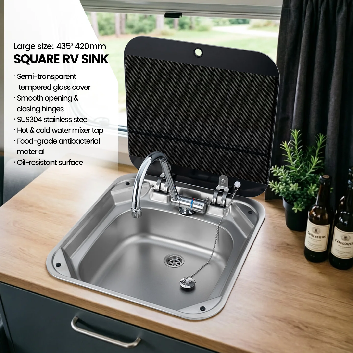 304 Stainless Steel RV Sink 420 X 435 mm Wide Single Bowl Kitchen Sink with Glass Lid for Camper Van Caravan Motorhome Boat