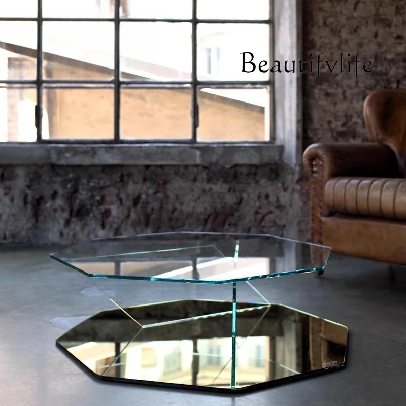 

mirror glass sofa edge polygonal creative coffee table Italian light luxury tempered glass coffee table villa home