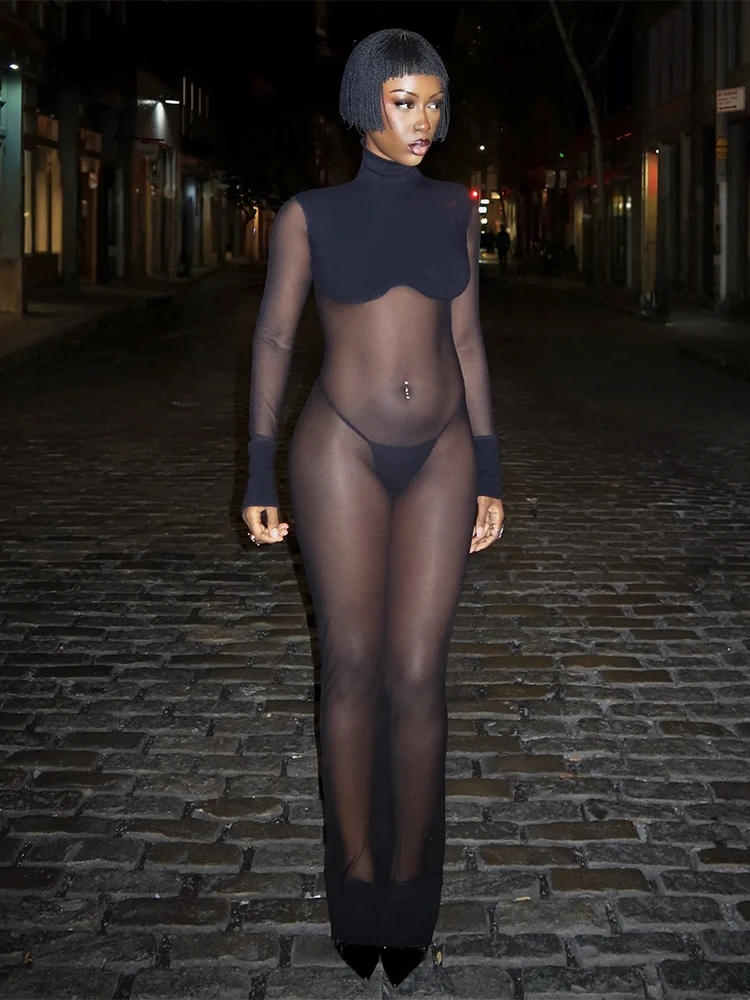 SIsterlinda-vestido de retazos de malla + bragas para mujer, Coqueta de cuello alto, manga larga, ropa para discoteca de medianoche, Vestidos sexis a juego para fiesta