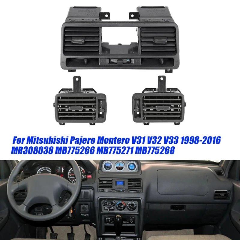 3 szt. Zestawy wylot klimatyzacji na deskę rozdzielczą samochodu do Mitsubishi Pajero Montero V31 V32 V33 1998-2016 centralny Grill odpowietrznik