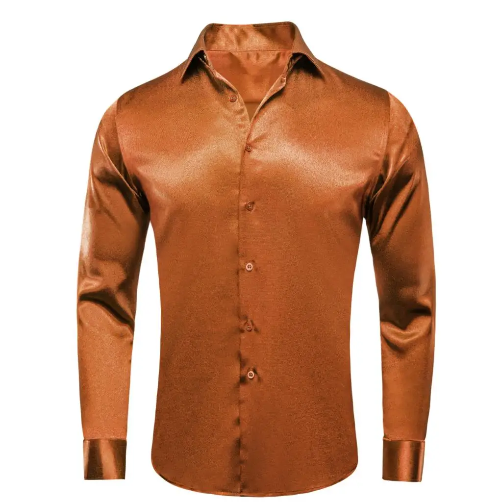 Hi-Tie Mens Shirts Brown Orange Silk Satin Lapel Collar Solid Long Sleeve Social Dress Shirt Soft High Quality Blouse for Male