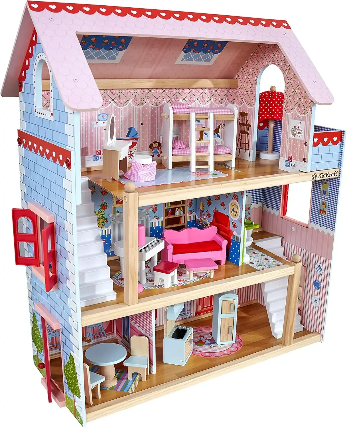 Dollhouse de madeira para crianças, Chelsea Doll Cottage, persianas, 5 em bonecas, quente, 16 acessórios, 2024