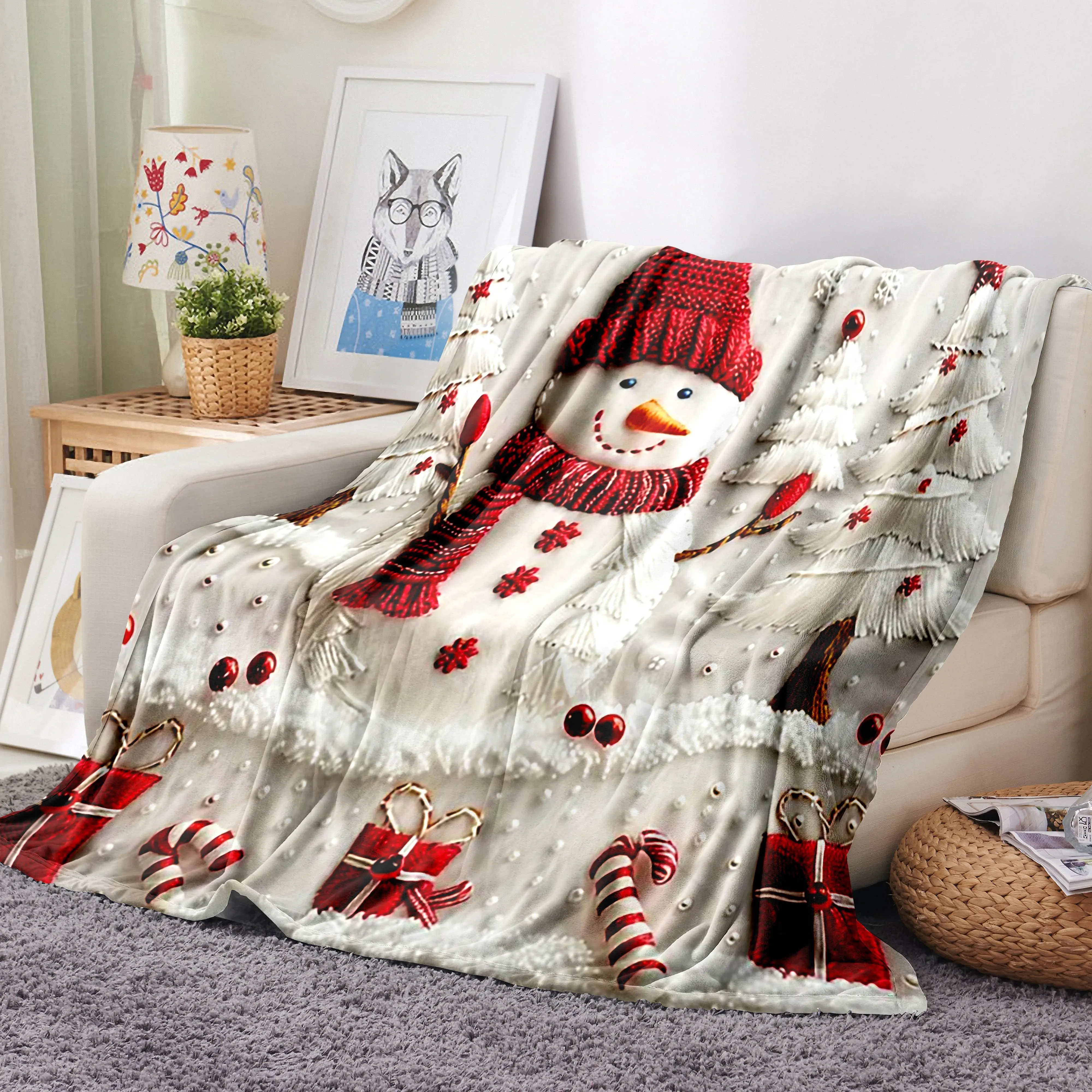 Cozy Christmas Snowman & Tree Flannel Throw Blanket - Soft, Warm, and Anti-Pill for Couch, Bed, Office