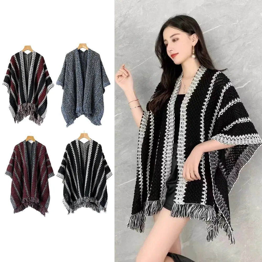 

Модная теплая осенне-зимняя вязаная накидка в этническом стиле, элегантное монгольское пончо, накладки для женщин