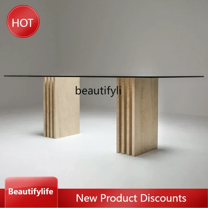

J46 Современный простой обеденный стол из натурального травертина, дизайнерская столешница из закаленного стекла, стол для еды