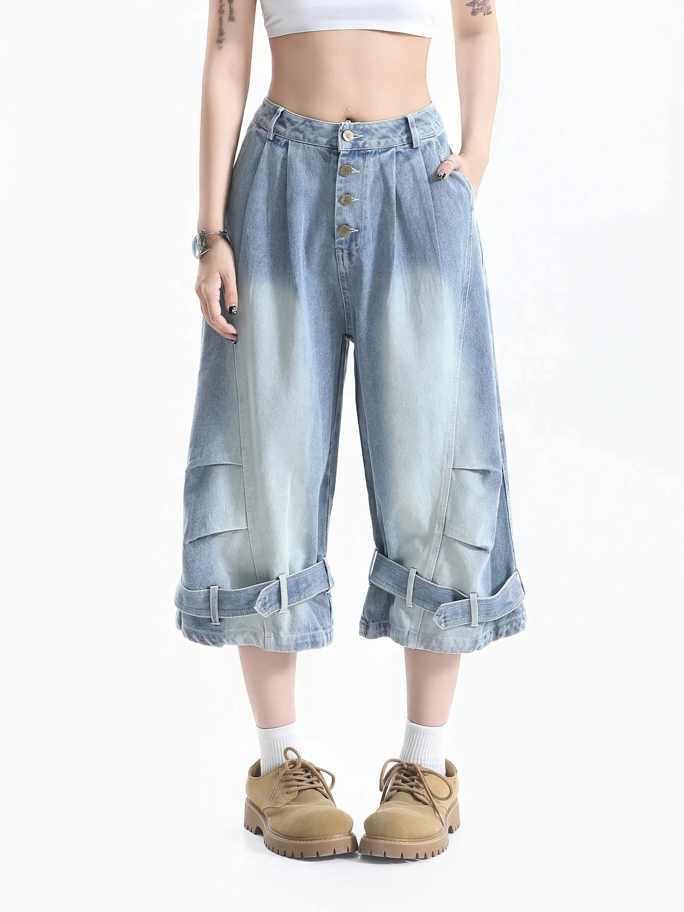 

Small Ball Cool Button Cuffed Denim Mid-Length Pants Women's American Retro Loose Slimming Seven-Foot Jeans Summer Cotton