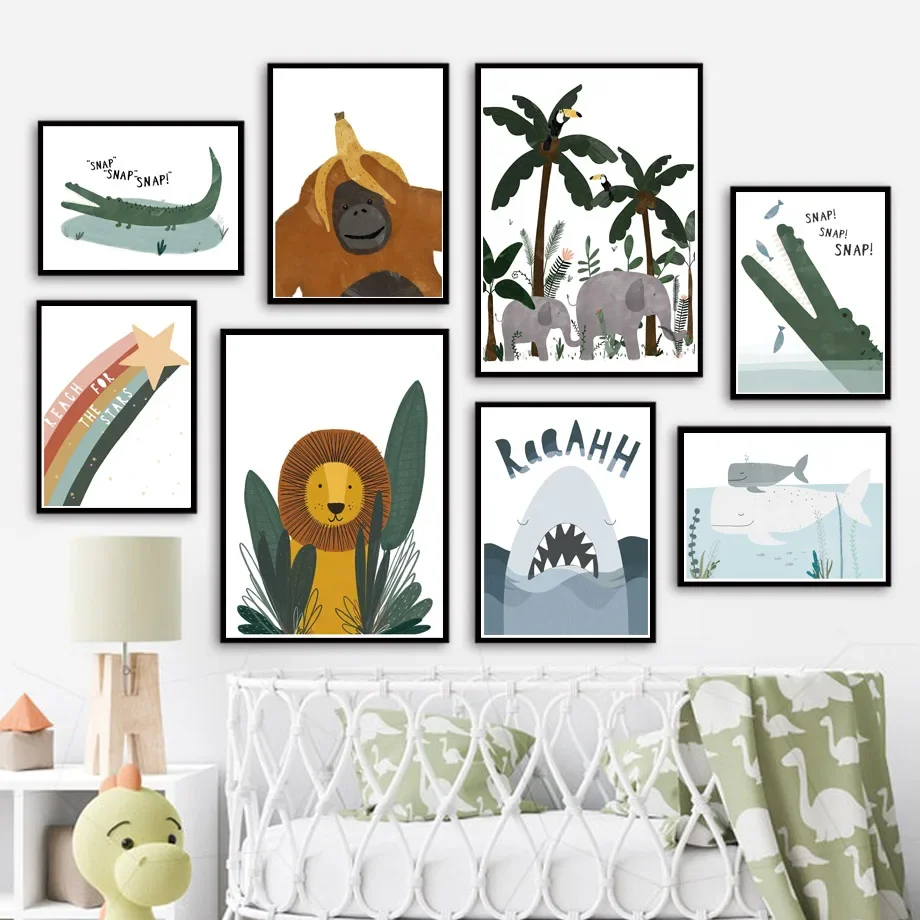 1pc frameless Canvas Painting 1pc frameless Canvas Painting Lion Elephant Crocodile Shark Tropical Plants Nursery Wall Art Print