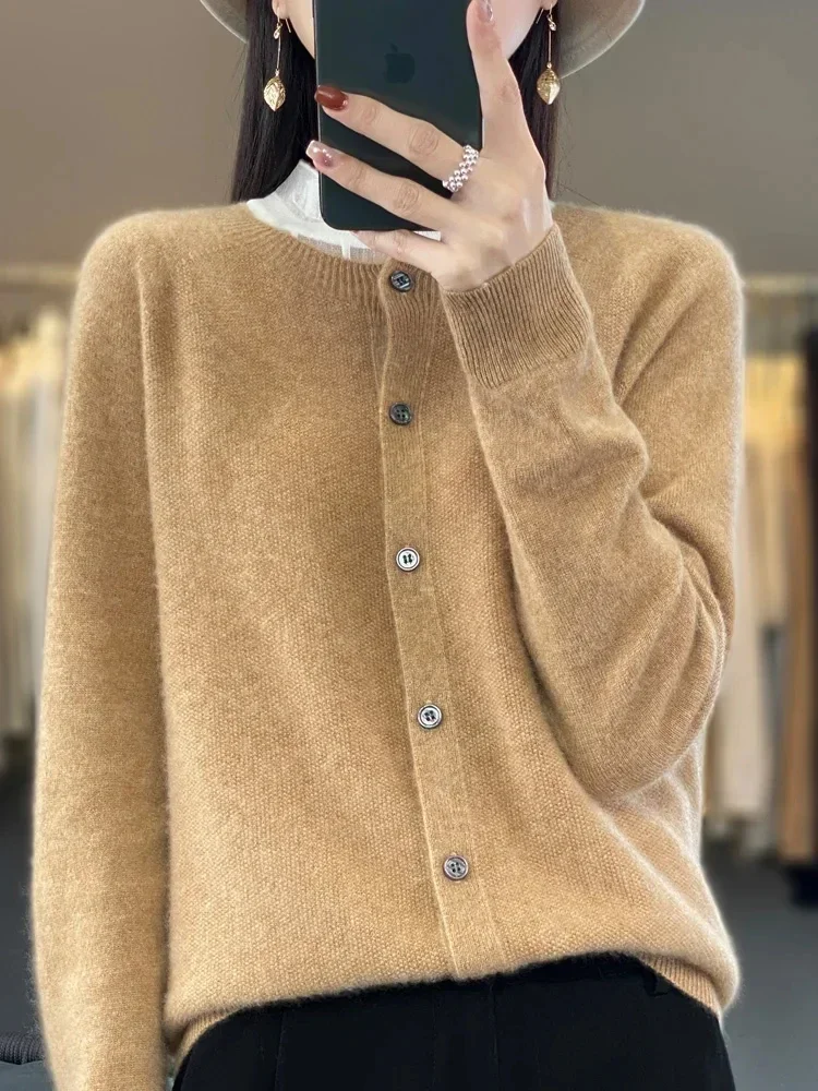 New Chic Spring Women‘s O-neck Grace Cardigan Sweater 100% Merino Wool Solid Cashmere Knitted Female Clothing Korean Style Tops