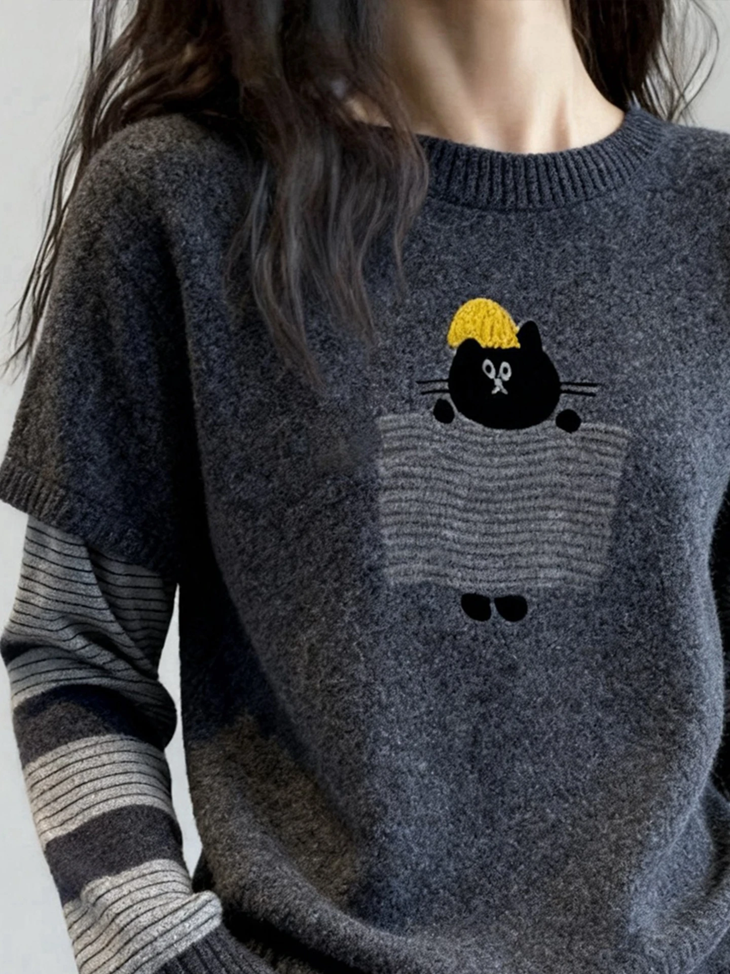 เสื้อสเวตเตอร์ไหมพรมทรงเกาหลี แขนยาว ดีไซน์สองชิ้นหลอกๆ สำหรับผู้หญิง เรียบง่าย ช่วยให้ดูผอมเพรียว เหมาะสำหรับใส่ไปทำงานในฤดูหนาว