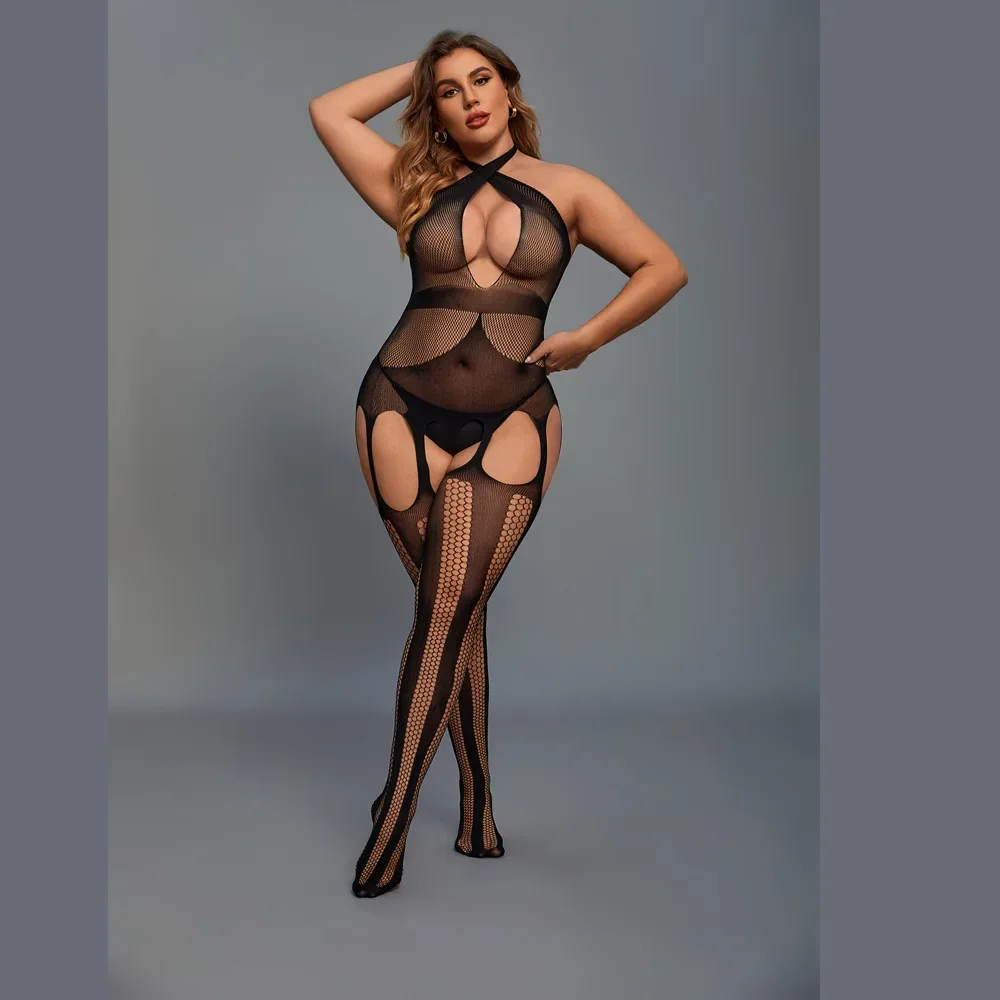 プラスサイズのセクシーなランジェリー女性クロッチレス Bodystocking セクシーなベビードールドレスメッシュエロ衣装黒全身ストッキング