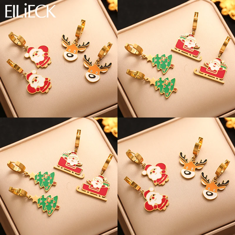 

EILIECK New Stainless Steel Christmas Snowman Reindeer Tree Dangle Earrings For Women Fashion Ear Buckle Jewelry Holiday Gift