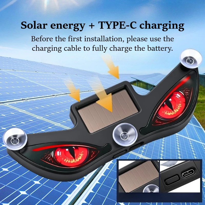 2Pc Car Solar LED Atmosphere Light – Dynamic Eye Pattern, USB Rechargeable, Universal Window Decoration for Auto Interior