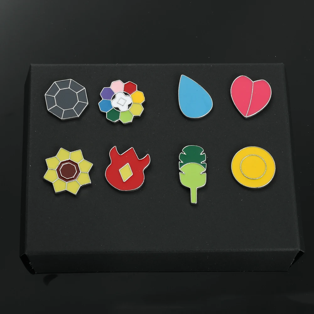 Anime Pokemon 8Pcs Button Brooch Set Kanto Johto Hoenn Sinnoh Unova Kalos League Region Lapel Pin Box Collection Delicate Gifts