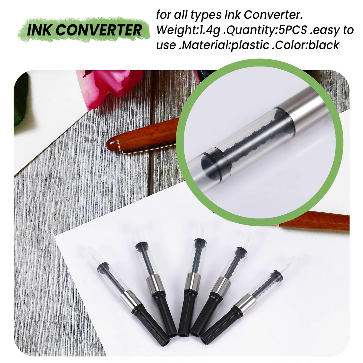万年筆用インクコンバーター、インクリザーバー、黒、すべてのタイプ、新品、5個
