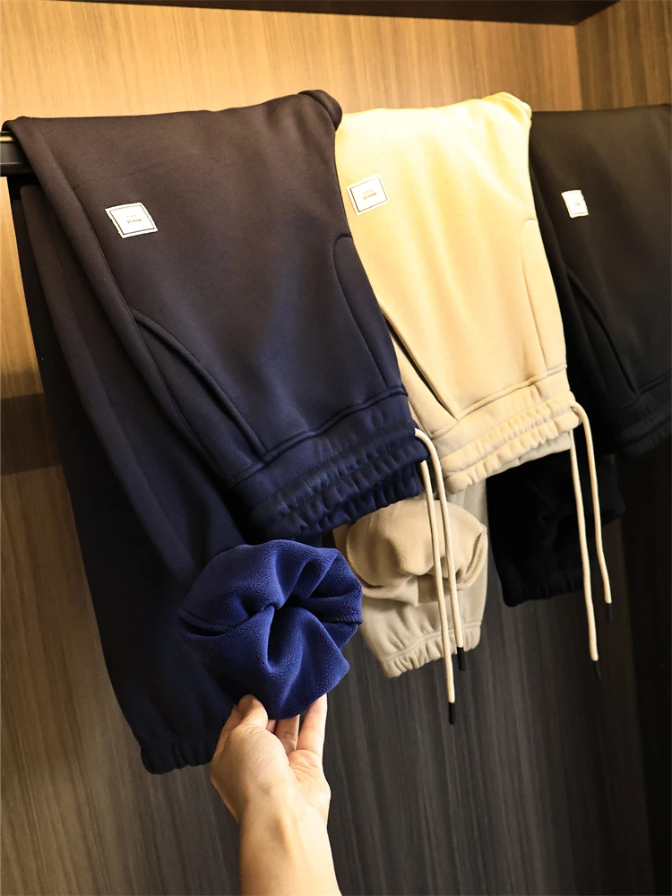 

Выдающие мужские повседневные брюки на подкладке с эластичной резинкой на талии, удобная посадка, осень-зима, модные, городские, длинные, молодежные