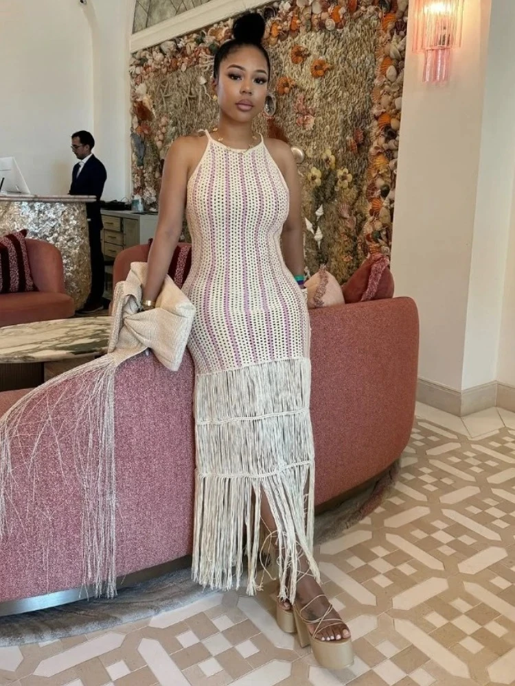 

BWQ Women O-neck Strap Striped Hollow Out Long Dress Summer Streetwear Beach Evening Sexy Party Tassel Maxi Dresses Vestidos