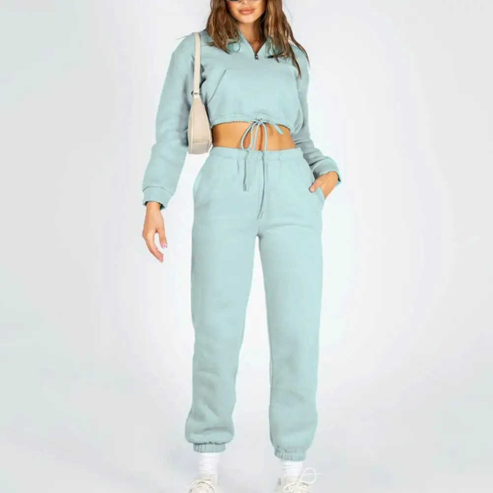 2 Pcs/Set Women Tracksuit Solid Color Waist-exposed Loose Pullover Drawstring Stand Collar Ankle-banded Lady Sweatshirt Pant Set