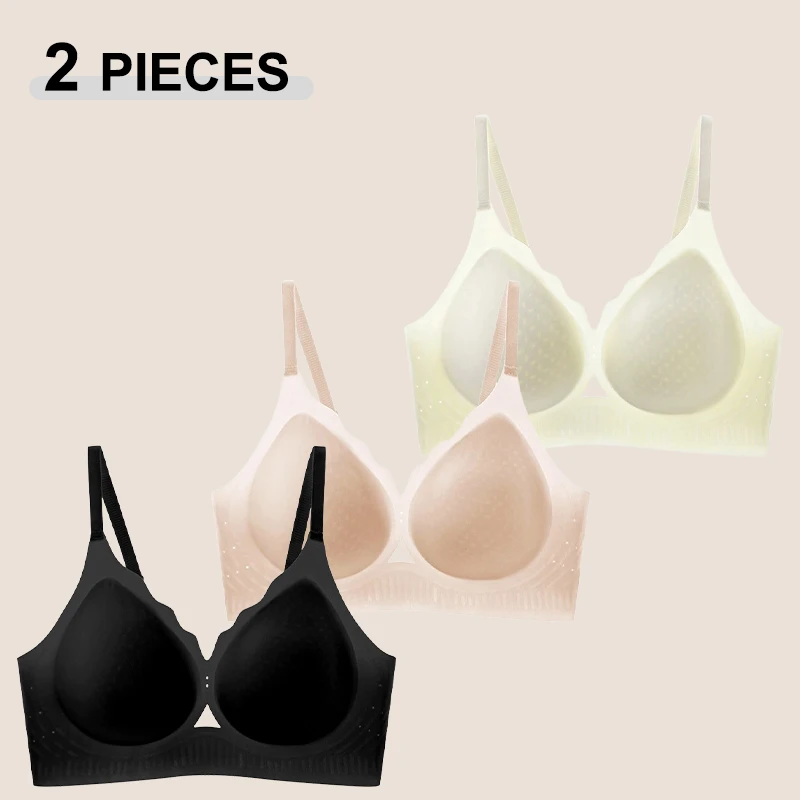 2Pcs/Set Summer Ice Silk Cold-skinned Bralette Women Seamless Ultra-thin Wireless Bra Female Breathbale Sexy Gathered  Underwear