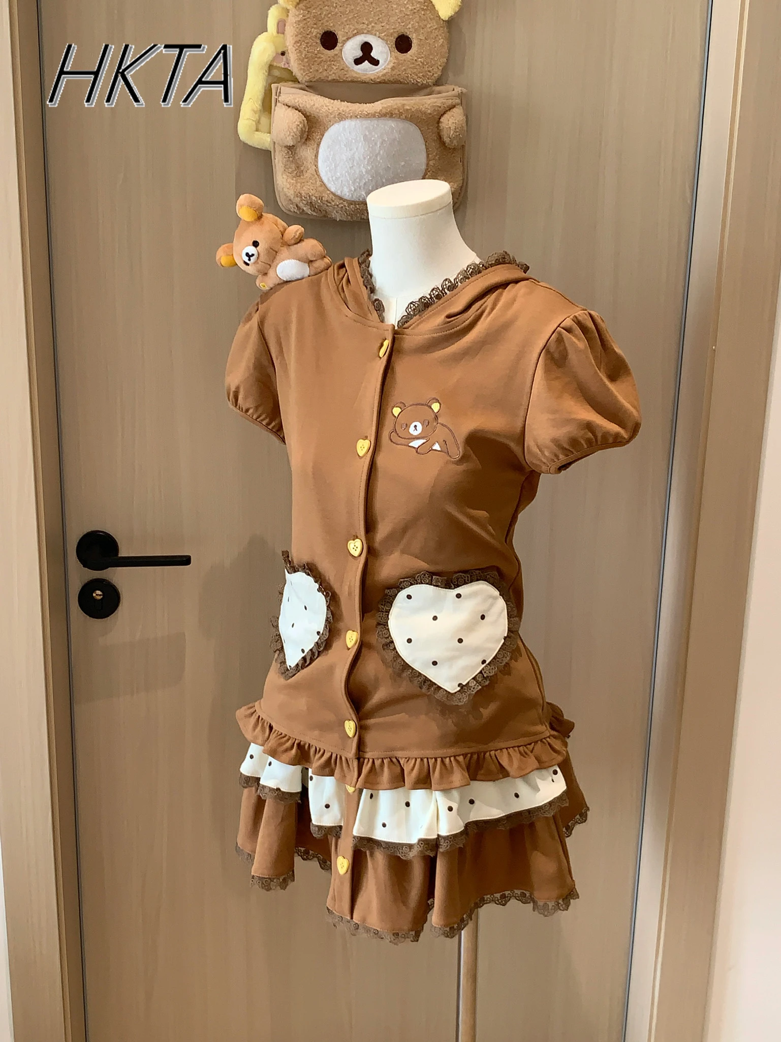 Japanese Style Cute Soft Cute Embroidered Polka Dot Lace Hooded Summer Bubble Short Sleeve Slim Brown Coat Cake Mini Skirts Sets