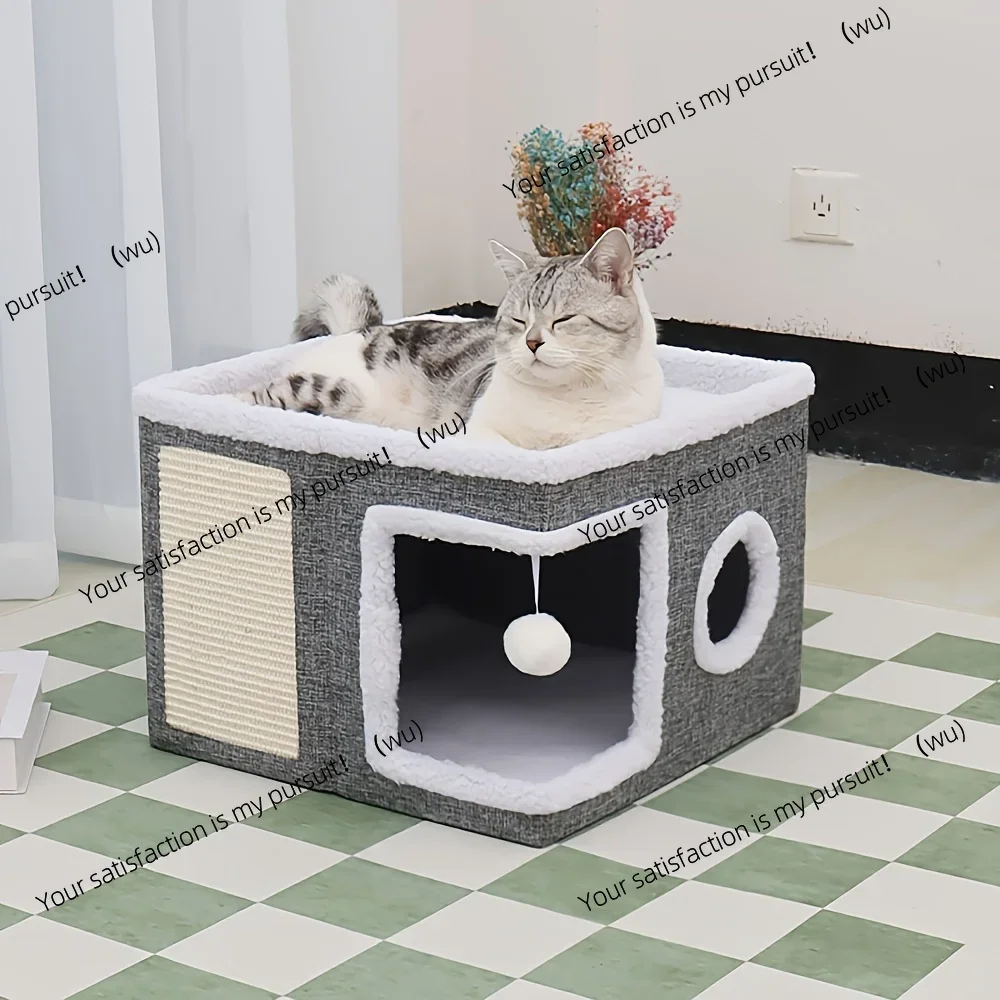 Luxurious Multi-Tier Cat House,  Indoor Cat Cube Bed with Plush Hanging Ball, 2-Tier Bed Toy Tunnel & Foldable Scratching Post
