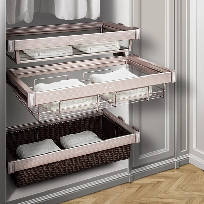 Wardrobe pull-up basket cloakroom storage clothing basket rattan damping cabinet glass storage push-pull basket