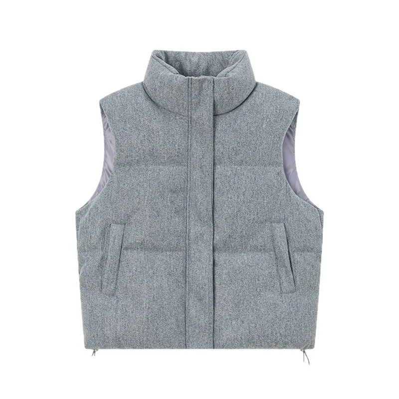 Short Length Pockets Vest with Zipper Front and Standing Collar Elegant Commuter Style Tank Top for Women Winter