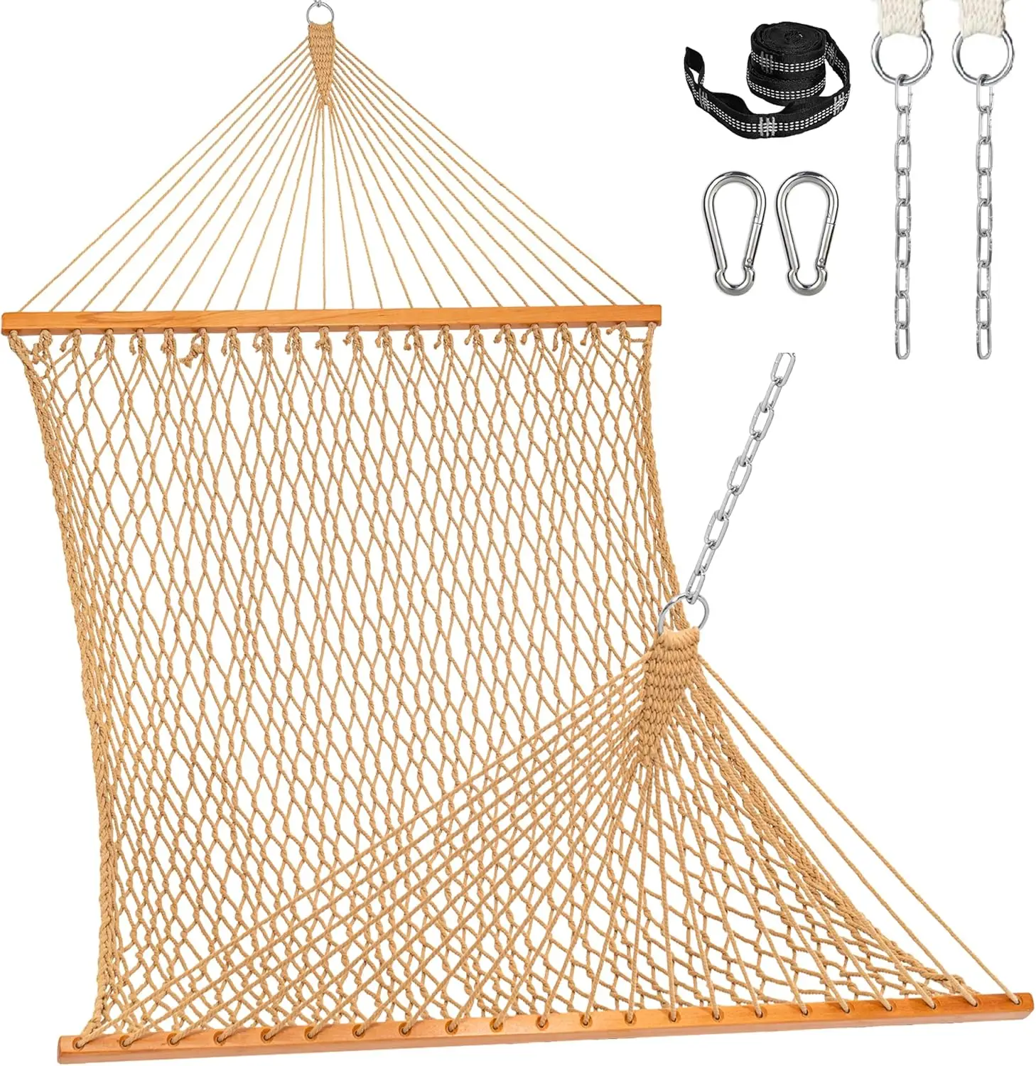 

Двухместный гамак из хлопка ручной работы с распорной планкой, карабинами и ремнями для крепления к деревьям - до 204 кг, цвет бежевый