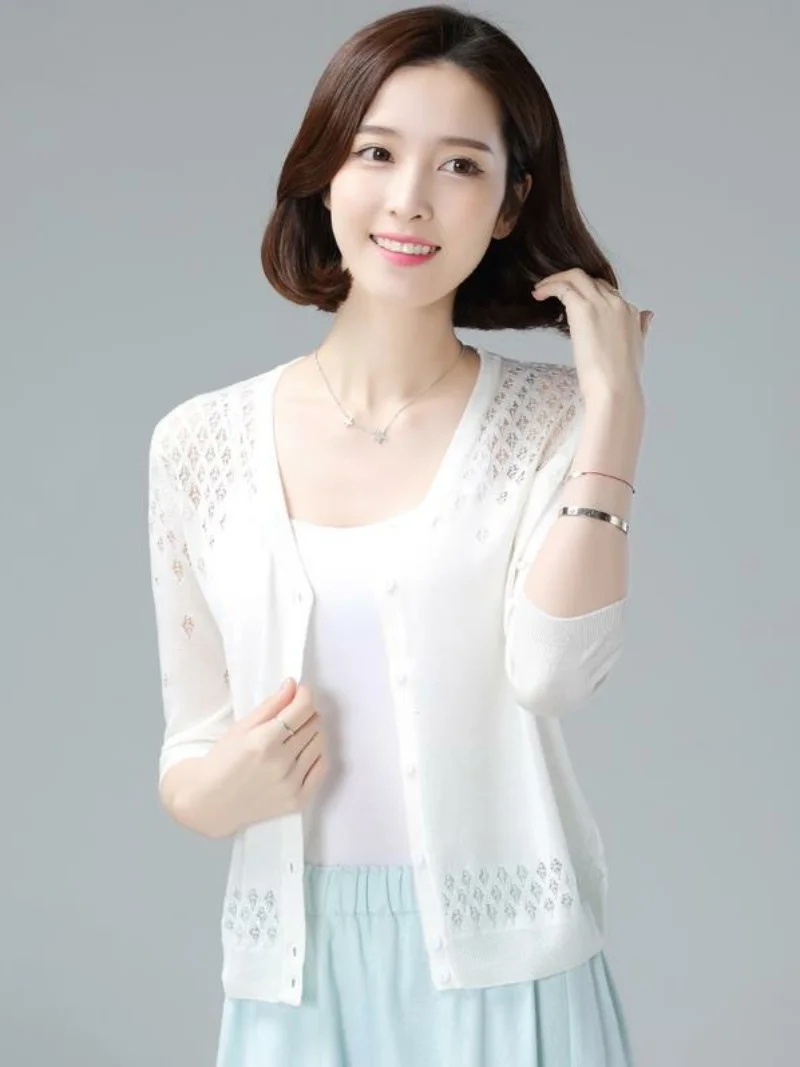 

Women's ort Knitted Ice Silk Cardigan Summer Sun Protection Air Conditioning Outerwear V-ne Button Svel Hollow out