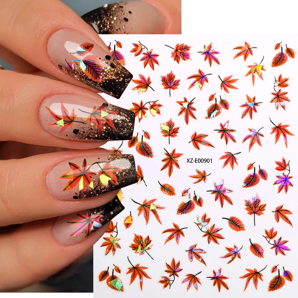 12 pçs/set 3d laser maple leaf adesivos de unhas outono caindo folhas ouro abóbora raposa decalques de unhas gingkgo folhas design decalques de unhas
