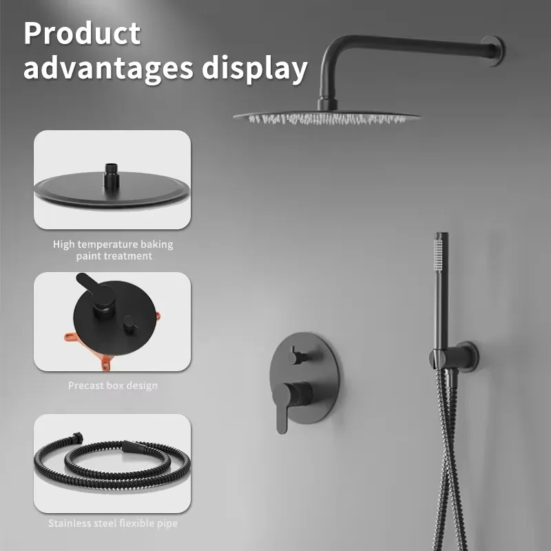 Matte Black Concealed Wall Mounted Shower Faucet System Single Handle Brass Material Ceramic Valve Modern Design Rectangular