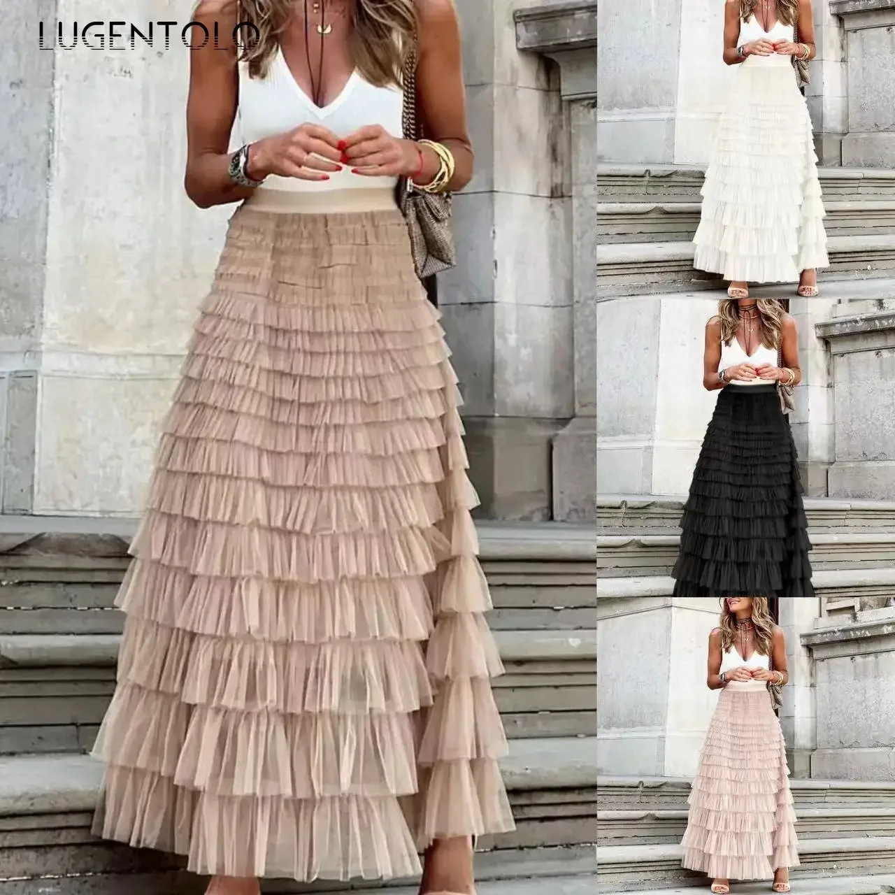 

Women Mesh Cake Skirt Summer Fashion New Big Swing Female Elegant Solid Gauze Empire Elastic Waist Long Versatile Skirts