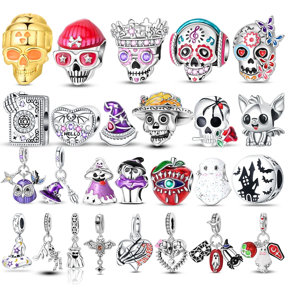 Silber 925 lila fliegender Hexenhut und Zauberbuch-Charms, Perlen, passend für Original-Armbänder, DIY-Halloween-Charm für Frauen, Schmuck, Geschenke