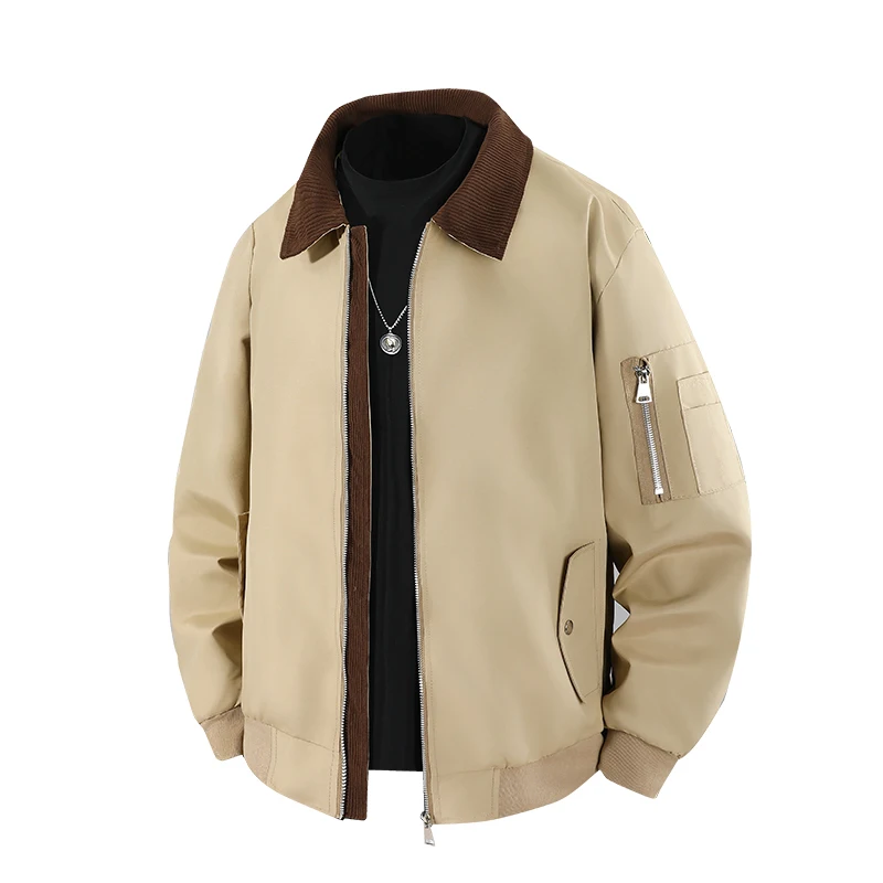 

BROWON EU Size 2025 Spring Autumn Men's Bomber Jacket Contrast Color Corduroy Collar Streetwear Retro Jacket Coat for Men