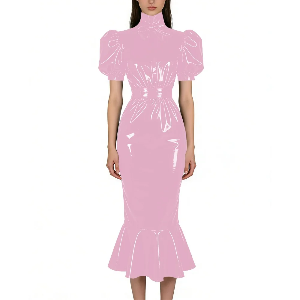 Puff Short Sleeve PVC Vinyl Leather Dress for Womens Turtleneck High Waist Flared Mermaid Slim Midi Gown Party Nightclub Formal