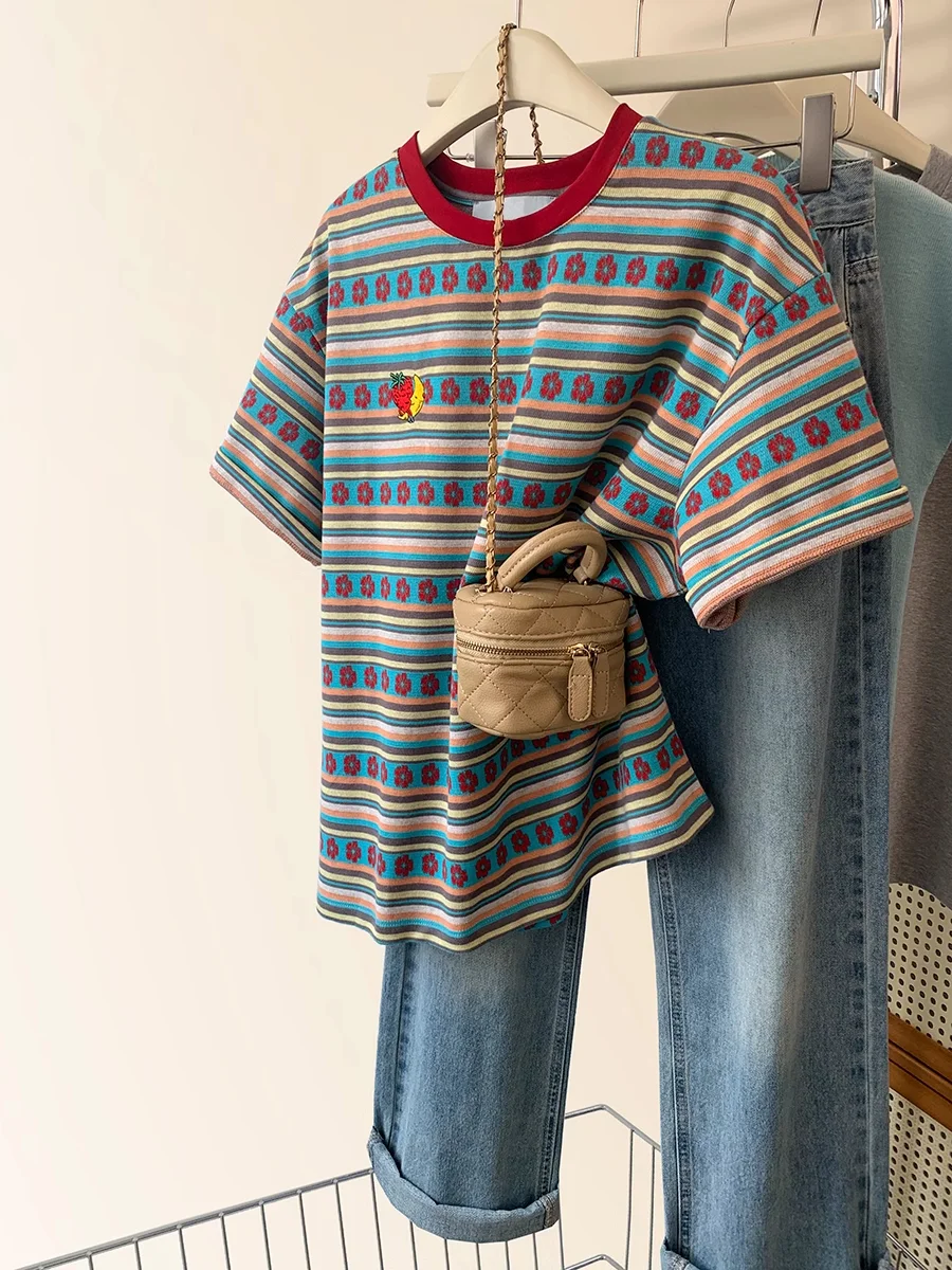 

Женская футболка больших размеров в стиле ретро с вышивкой и полосками, хлопковая, свободного кроя, средней длины, летний топ в корейском стиле