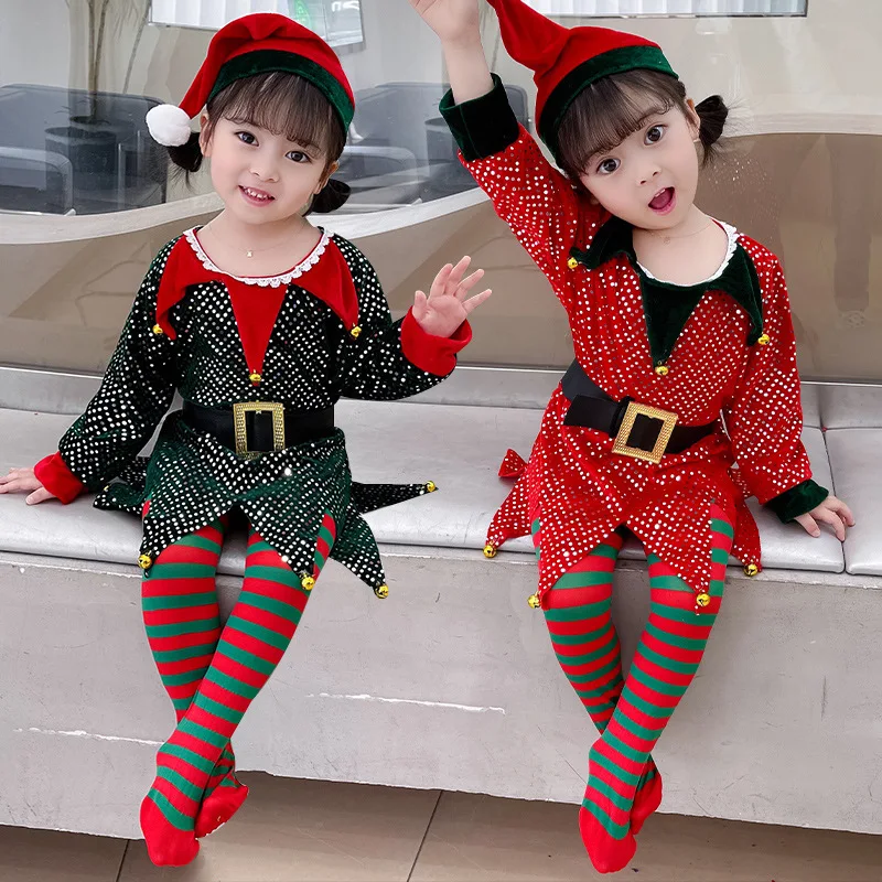 New Christmas Costume For Kids Boys Girls Santa Claus Green Elf Red Outfits Children Dress Up Clothes With Hat X-Mas Party Gift