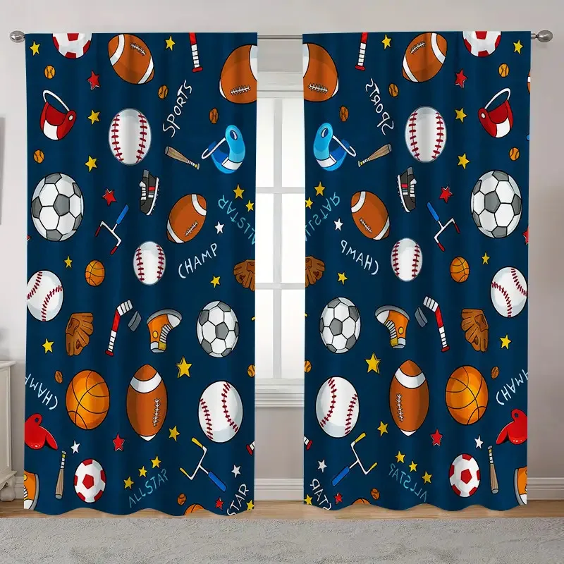 Sports Theme Curtains Blue Background Basketball Baseball Football Soccer Curtains Nursery Room Decor Athletic Game Day Window