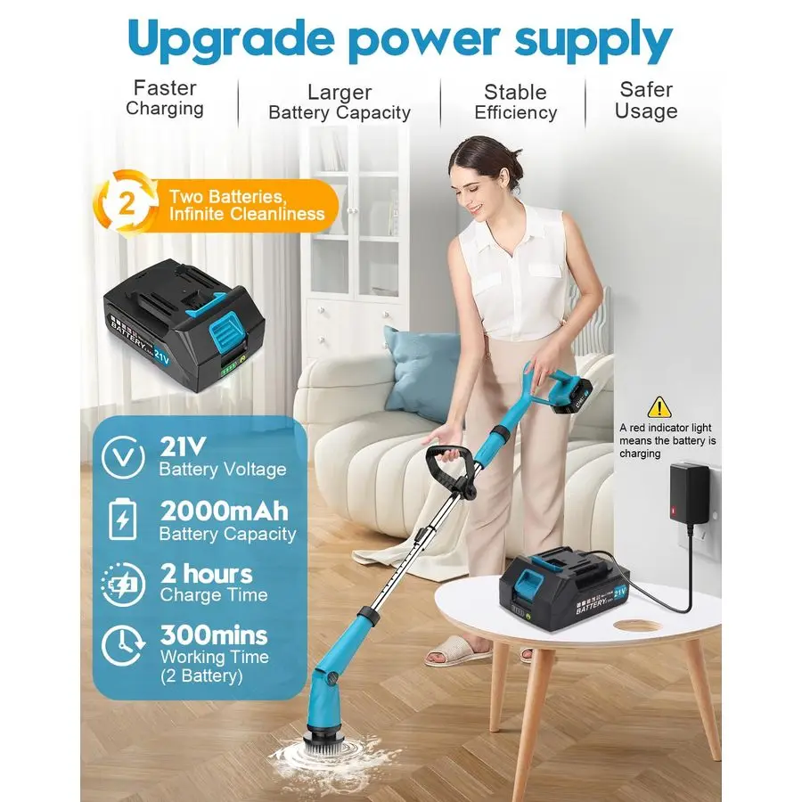1500 RPM Battery Electric Spin Scrubber with Handle, 8 Replaceable Shower Scrubber amp 2 Battery Powered Cleaning Brush with Dis