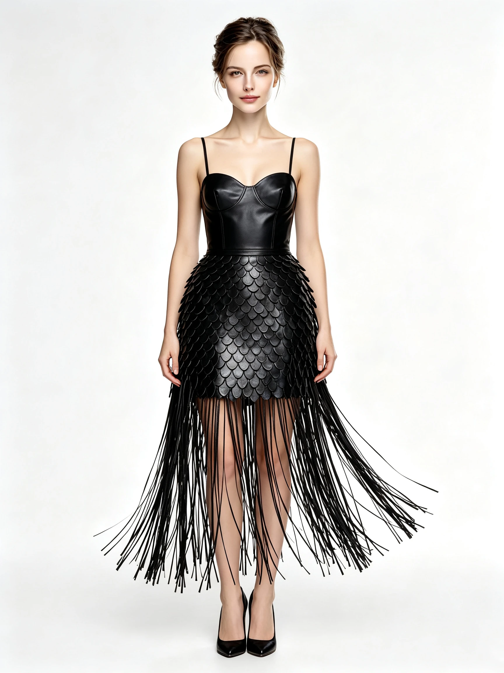 Women's Faux Leather Corset Dress with Scalloped Scale Skirt and Long Fringe Tassels