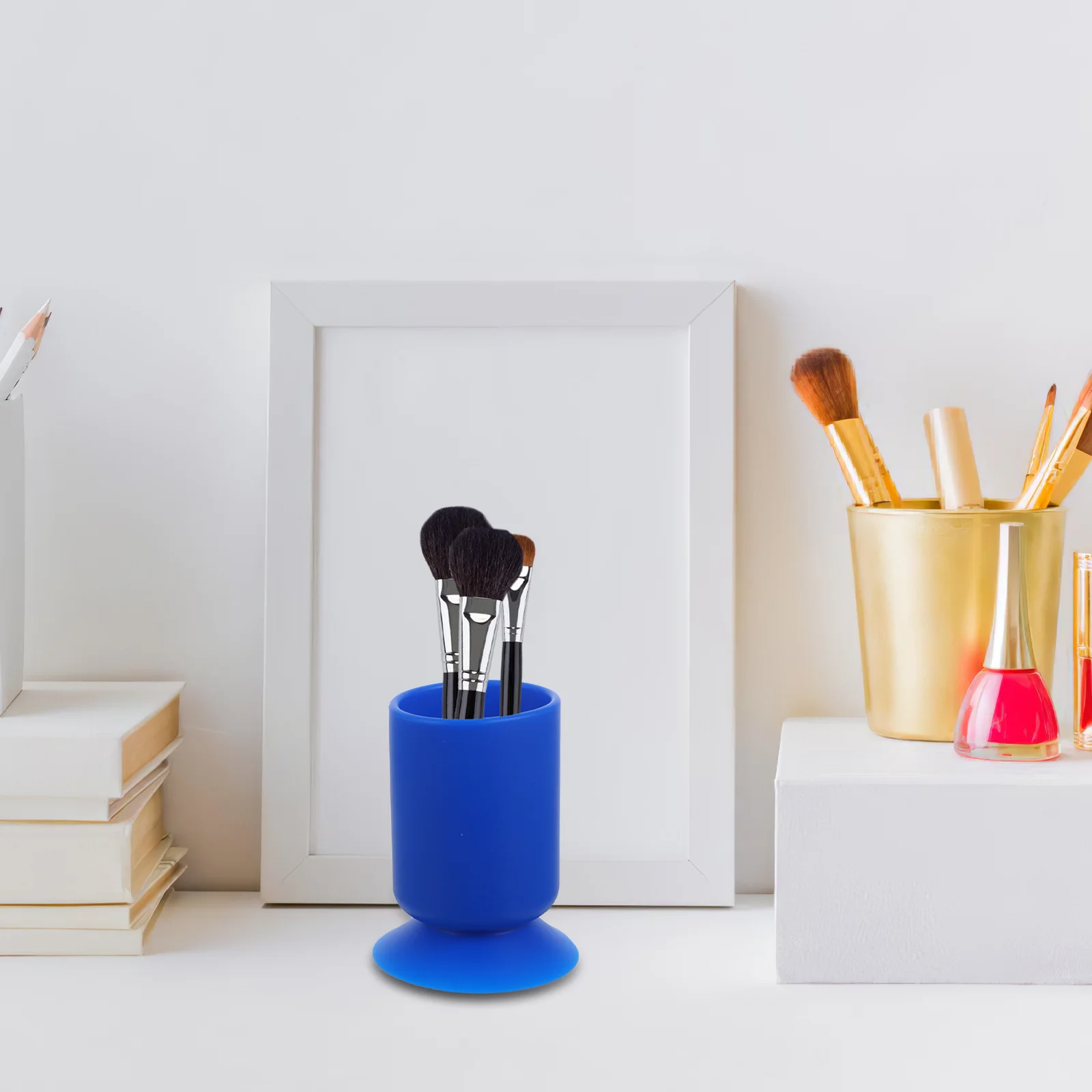 

Silicone Brush Holder Makeup Blue Suction Cup Pen Cup Pencil Holder Desktop Organizer Stationery Storage Office School