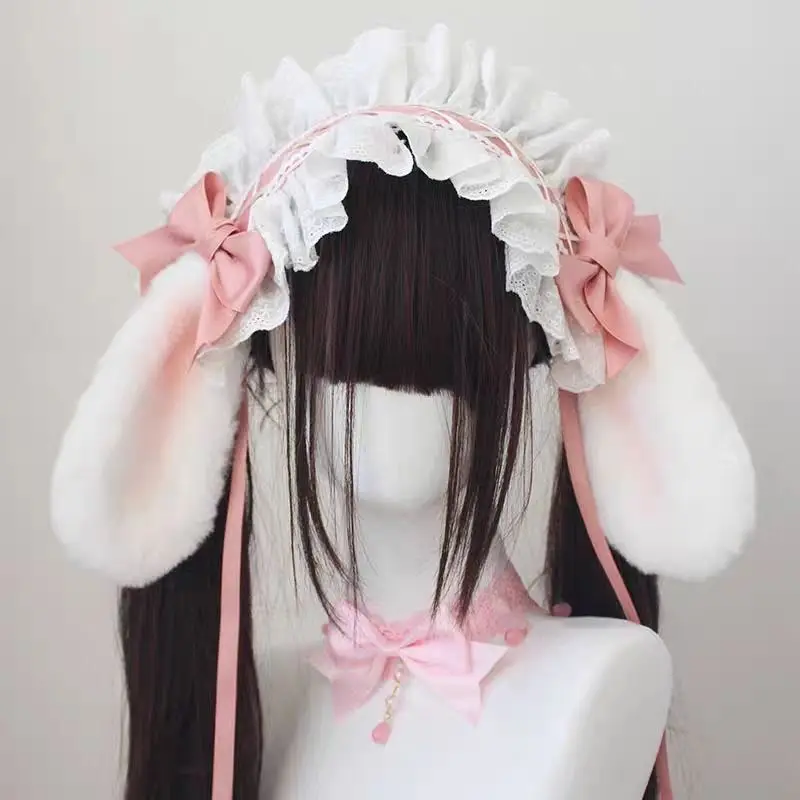 

Handmade Multicolored Pink Red Blue Black Purple Cute Drooping Ear Rabbit Headband Cotton Lace Lolita Jk Girl Headwear Kawaii