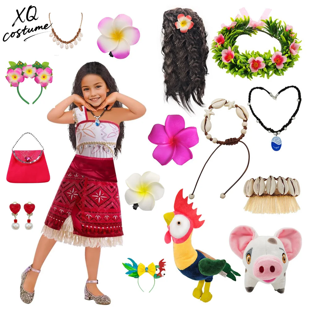 

Girls Baby Princess Moana 2 Cosplay Halloween Costume Kids Children Party Fancy Dress Role Play With Wigs Bags Necklace Full ACC
