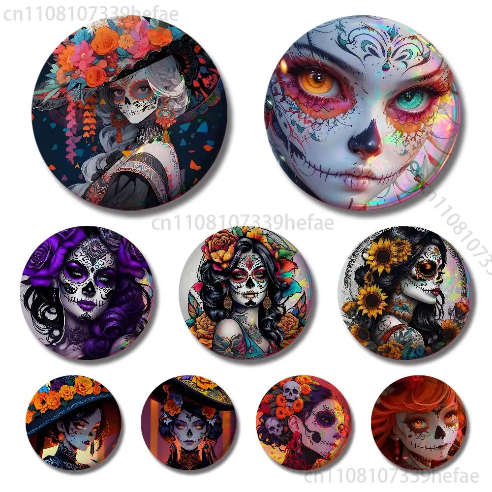 

Skull Girl Catrina Badges 25 32 44 58 75 mm Round Cosplay Pin Bag Decor Fans Collect Friends Gifts Brooch Souvenir