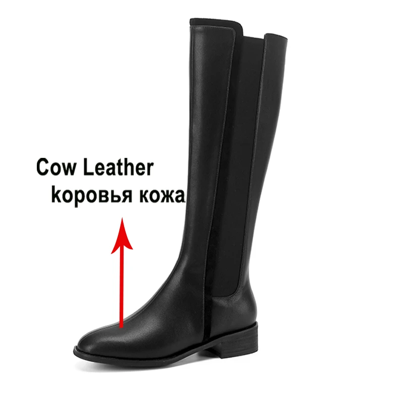 Meotina Women Genuine Leather Knee High Boots Round Toe Block High Heel Zipper Ladies Long Boot Autumn Winter Shoes Brown 40