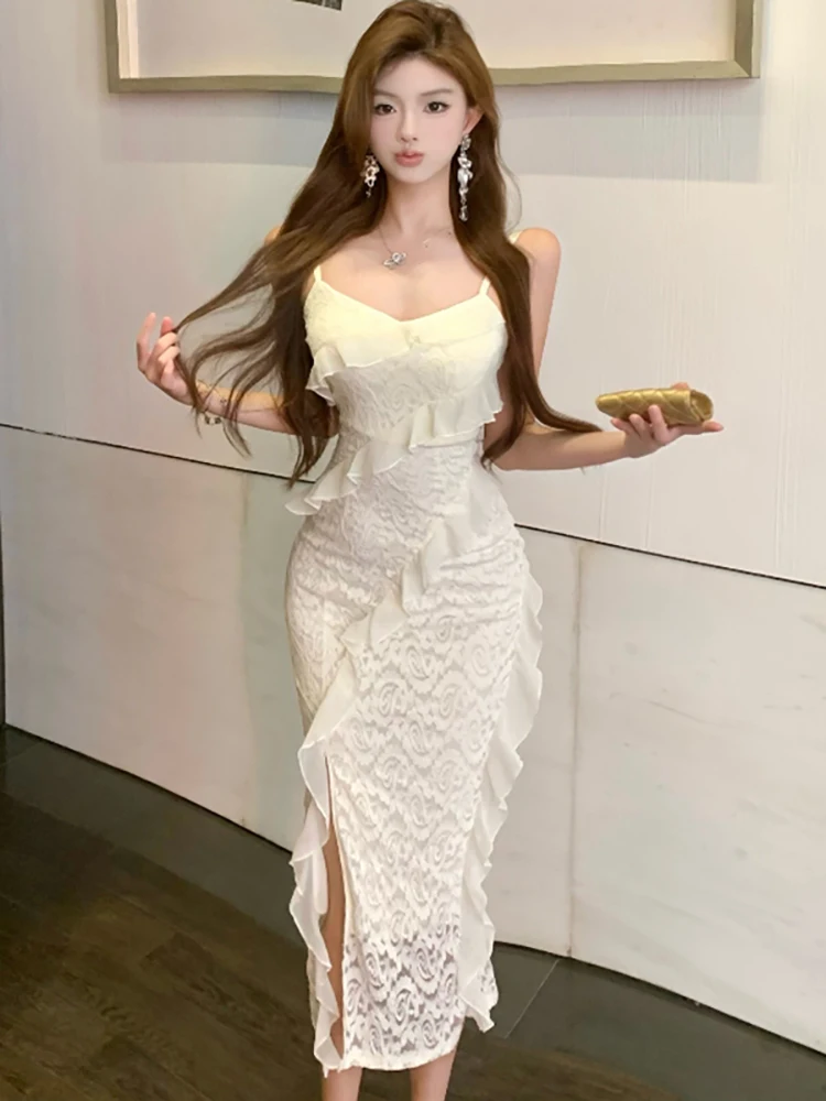 

2025 White Lace Jacquard Chic Ruffled Luxury Long Dress Women Elegant Casual Sling Dress Summer New Korean Bodycon Holiday Dress