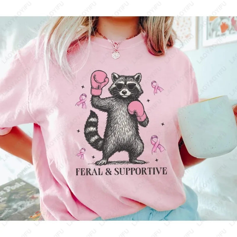 

Breast Cancer Support Squad Cotton Tees Feral Fighter Funny Raccoon Boxing Awareness TShirt Men Women Vintage Pink Ribbon Tops